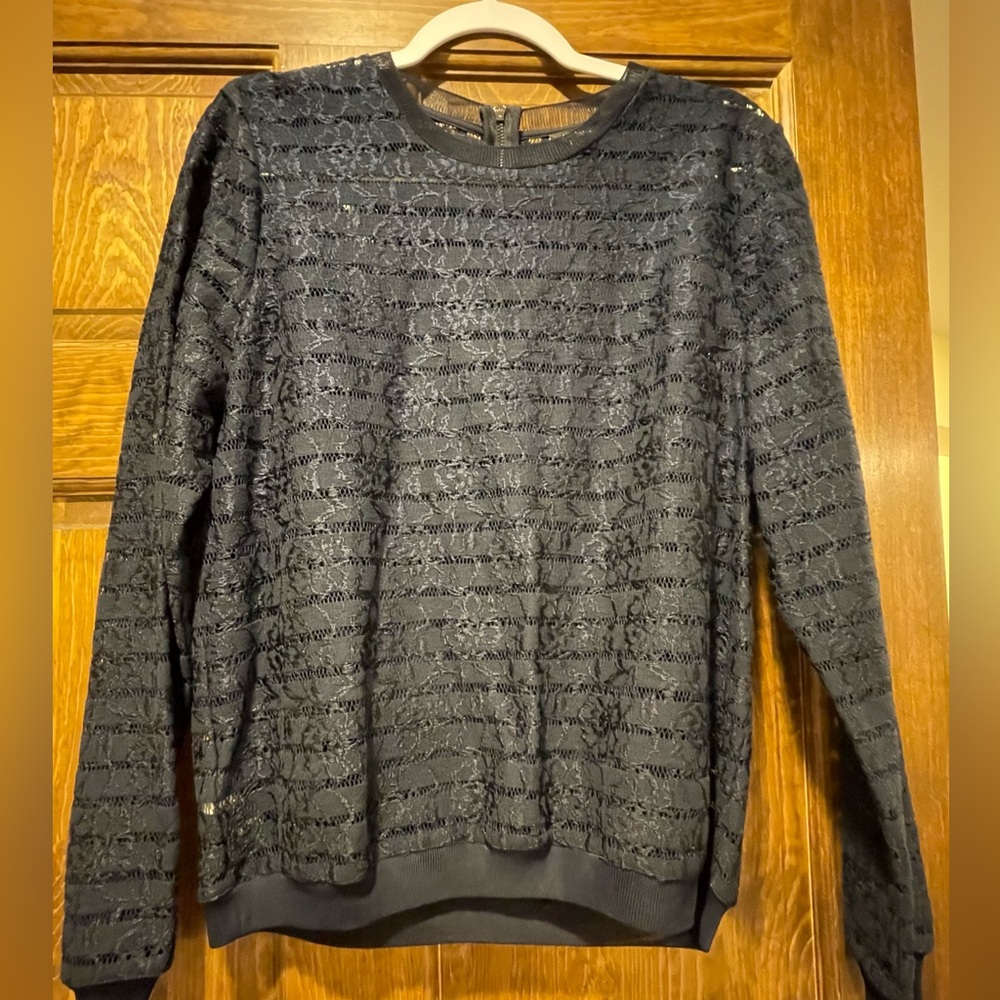 Ann Taylor navy lace sweater with zip back, size M